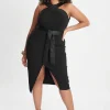 Lavish Alice Isla Curve Satin Mix Cross Over Midi Dress In Black Clearance