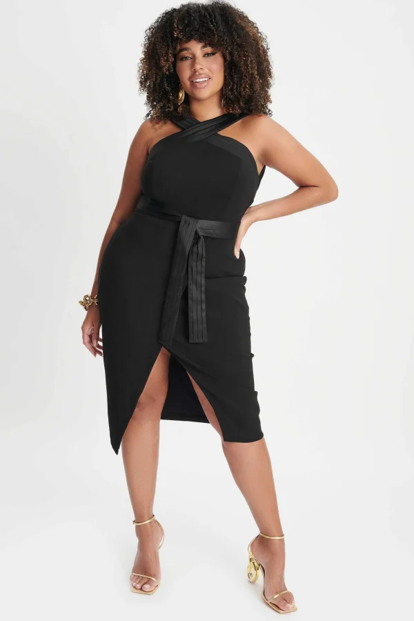 Lavish Alice Isla Curve Satin Mix Cross Over Midi Dress In Black Clearance