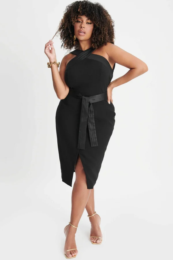 Lavish Alice Isla Curve Satin Mix Cross Over Midi Dress In Black Clearance