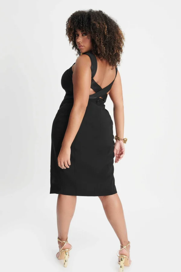 Lavish Alice Isla Curve Satin Mix Cross Over Midi Dress In Black Clearance