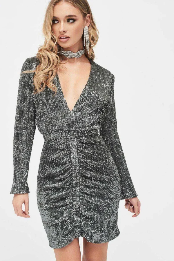 Lavish Alice Jade Ruched Sequin Mini Dress In Grey Sequin Shop