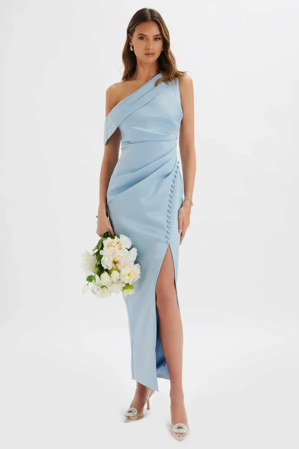 Lavish Alice Joanna Bonded Satin Pleated Maxi Dress In Dusty Blue Shop