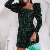 Lavish Alice Jodie Velvet Sequin Puff Shoulder Mini Dress In Emerald Green Best Sale