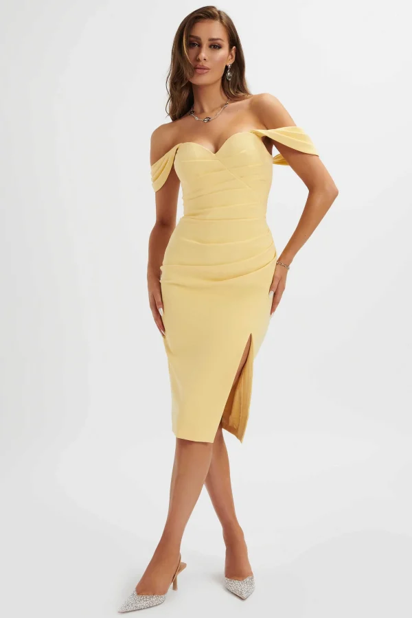 Lavish Alice Julia Pleated Bardot Midi Dress In Yellow New