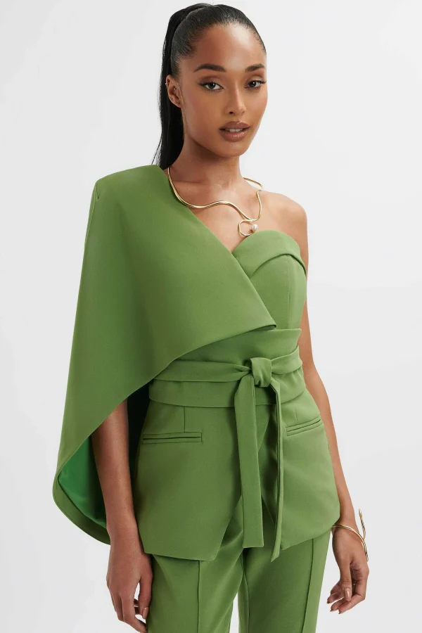 Lavish Alice Juno Obi Belted Asymmetric Cape Blazer In Green Outlet