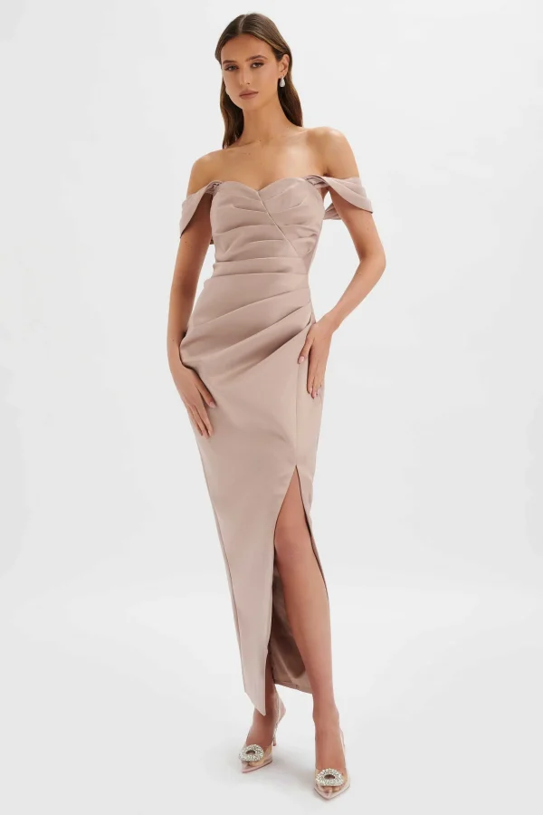 Lavish Alice Kaitlin Bonded Satin Off Shoulder Maxi Dress In Mink Online