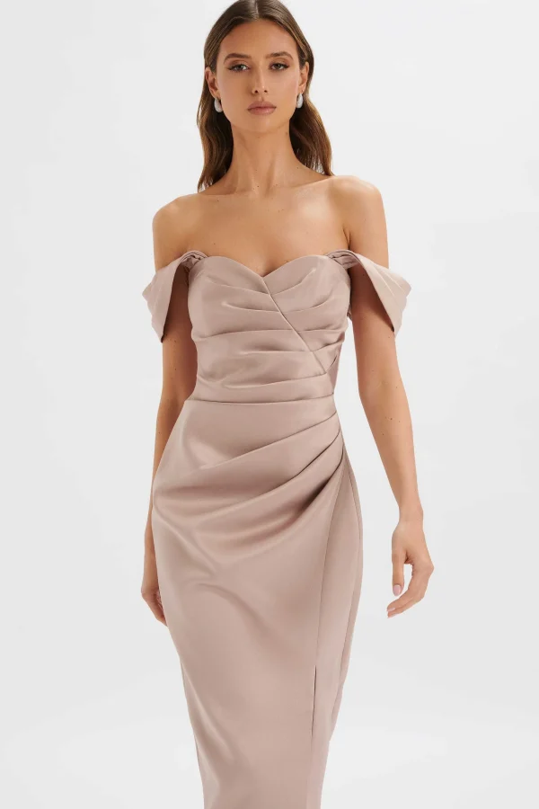 Lavish Alice Kaitlin Bonded Satin Off Shoulder Maxi Dress In Mink Online