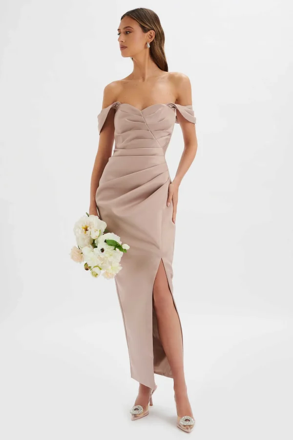 Lavish Alice Kaitlin Bonded Satin Off Shoulder Maxi Dress In Mink Online