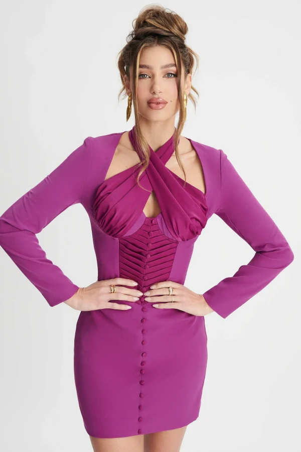 Lavish Alice Kali Satin Mix Halterneck Mini Dress In Purple Fashion