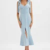 Lavish Alice Kamila Tie Strap Micro Button Midi Dress In Deep Corn Flower Blue Sale