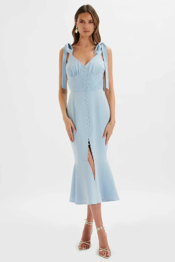 Lavish Alice Kamila Tie Strap Micro Button Midi Dress In Deep Corn Flower Blue Sale