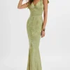 Lavish Alice Kamila Tie Strap Micro Button Satin Maxi Dress In Green Floral Clearance