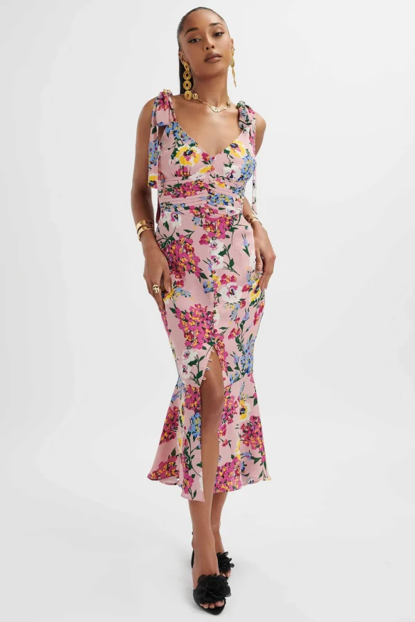 Lavish Alice Kamila Tie Strap Micro Button Longline Midi Dress In Pink Floral Satin Outlet