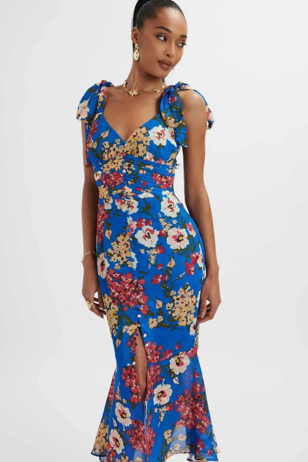 Lavish Alice Kamila Tie Strap Micro Button Longline Midi Dress In Blue Floral Satin Fashion