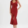 Lavish Alice Kamila Tie Strap Micro Button Satin Midi Dress In Burgundy Outlet