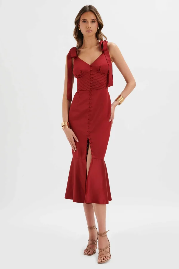 Lavish Alice Kamila Tie Strap Micro Button Satin Midi Dress In Burgundy Outlet