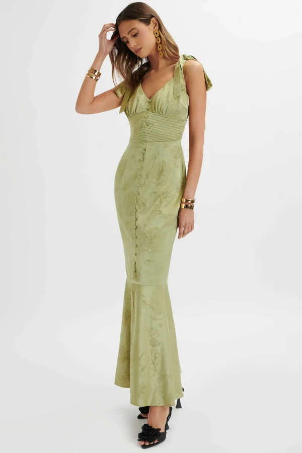 Lavish Alice Kamila Tie Strap Micro Button Satin Maxi Dress In Green Floral Clearance