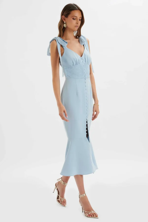 Lavish Alice Kamila Tie Strap Micro Button Midi Dress In Deep Corn Flower Blue Sale