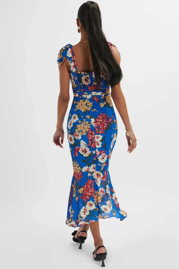 Lavish Alice Kamila Tie Strap Micro Button Longline Midi Dress In Blue Floral Satin Fashion