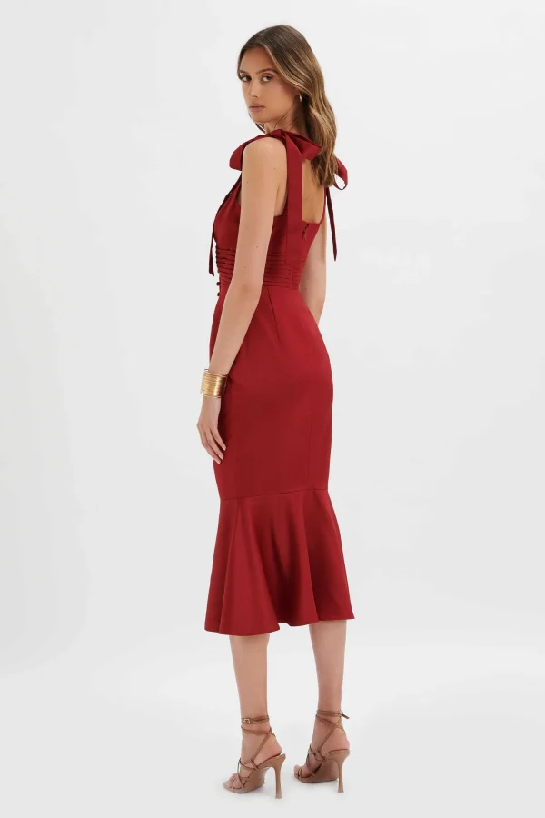 Lavish Alice Kamila Tie Strap Micro Button Satin Midi Dress In Burgundy Outlet