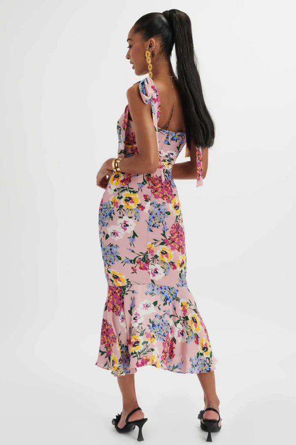 Lavish Alice Kamila Tie Strap Micro Button Longline Midi Dress In Pink Floral Satin Outlet