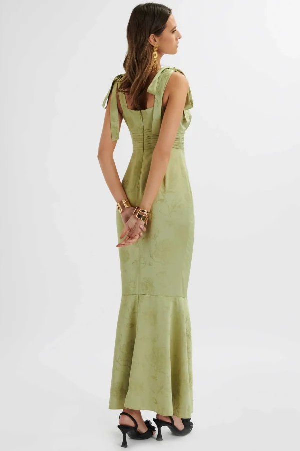 Lavish Alice Kamila Tie Strap Micro Button Satin Maxi Dress In Green Floral Clearance