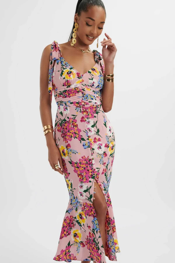 Lavish Alice Kamila Tie Strap Micro Button Longline Midi Dress In Pink Floral Satin Outlet