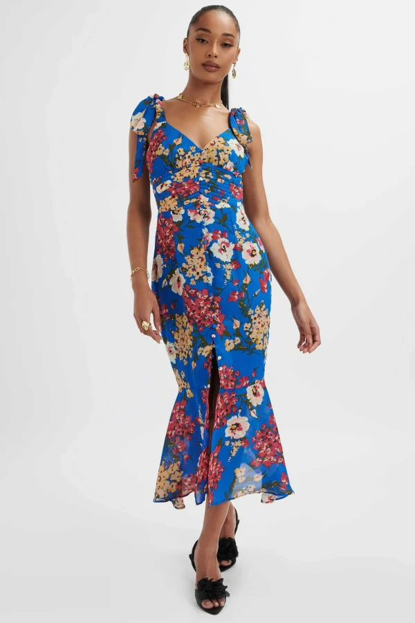 Lavish Alice Kamila Tie Strap Micro Button Longline Midi Dress In Blue Floral Satin Fashion