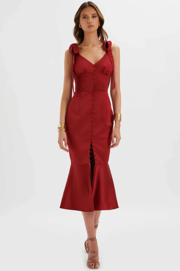 Lavish Alice Kamila Tie Strap Micro Button Satin Midi Dress In Burgundy Outlet