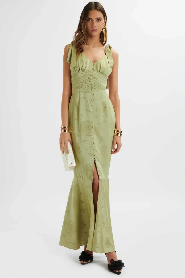 Lavish Alice Kamila Tie Strap Micro Button Satin Maxi Dress In Green Floral Clearance