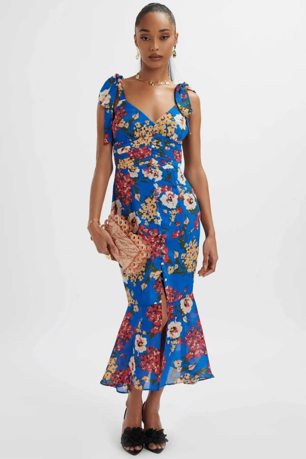 Lavish Alice Kamila Tie Strap Micro Button Longline Midi Dress In Blue Floral Satin Fashion