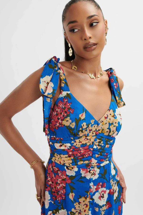 Lavish Alice Kamila Tie Strap Micro Button Longline Midi Dress In Blue Floral Satin Fashion