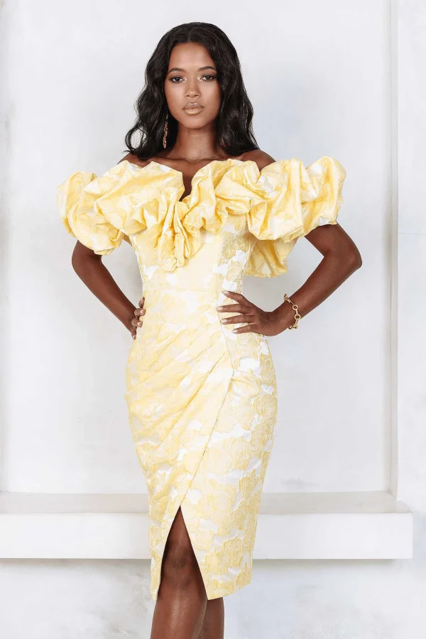 Lavish Alice Katie Rose Brocade Off Shoulder Midi Dress In Yellow Fashion