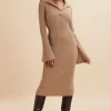 Lavish Alice Kaya Knitted Ribbed Collar Midi Dress In Camel New