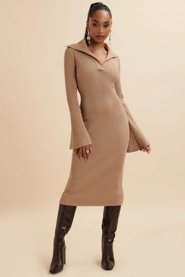 Lavish Alice Kaya Knitted Ribbed Collar Midi Dress In Camel New