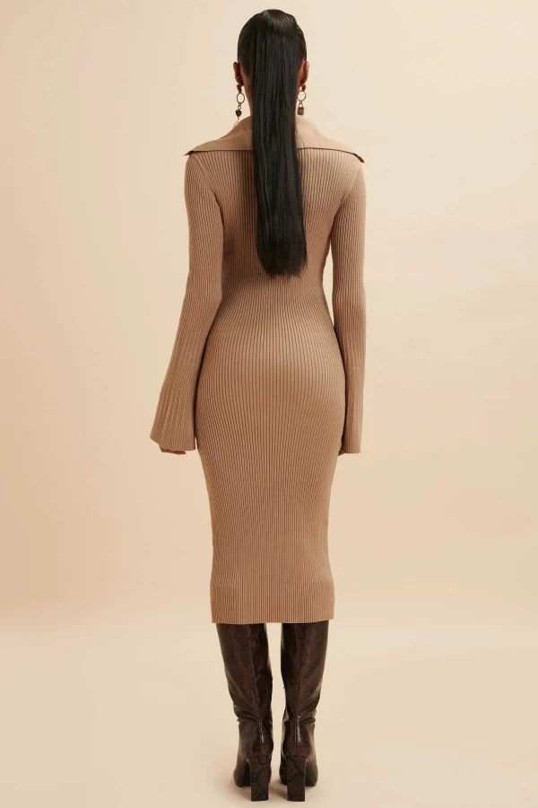 Lavish Alice Kaya Knitted Ribbed Collar Midi Dress In Camel New