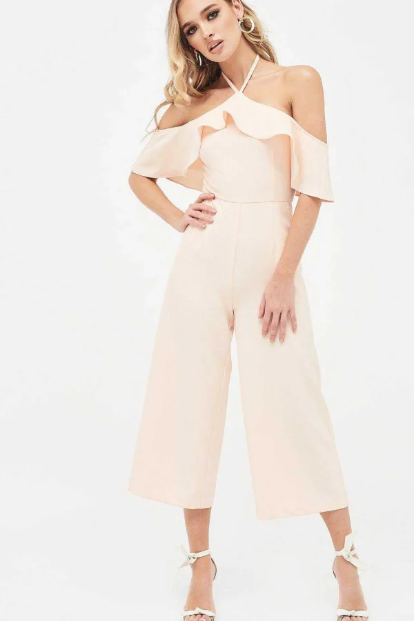 Lavish Alice Kennedy Bardot Frill Halterneck Culotte Leg Jumpsuit In Nude Clearance