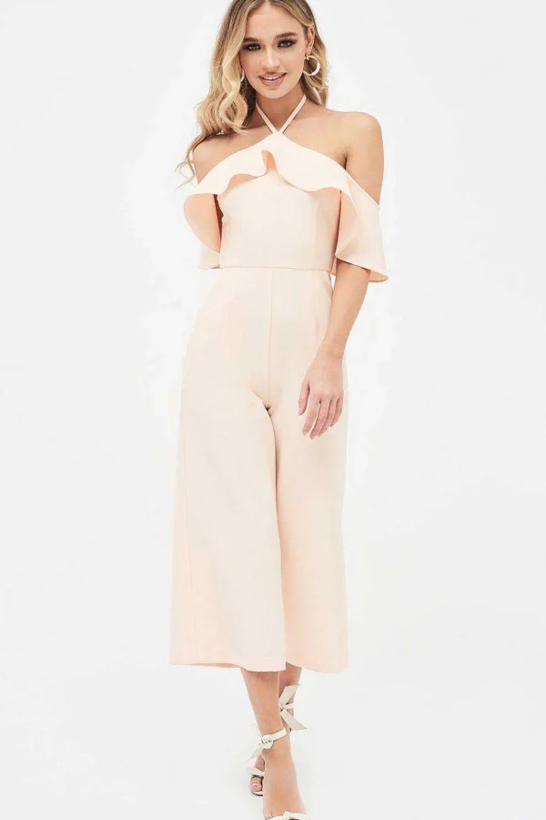 Lavish Alice Kennedy Bardot Frill Halterneck Culotte Leg Jumpsuit In Nude Clearance