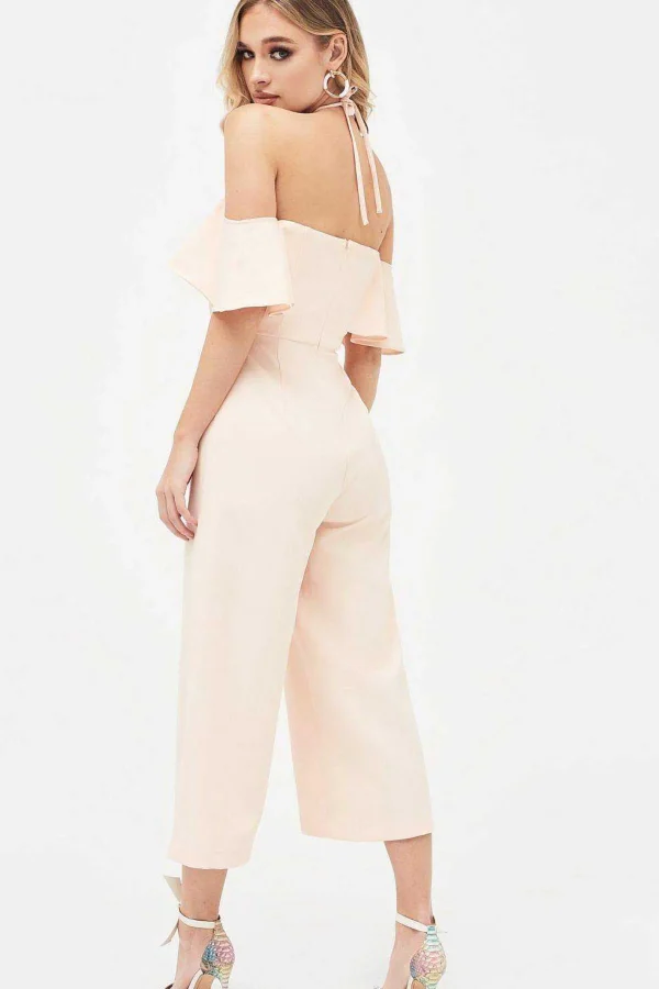 Lavish Alice Kennedy Bardot Frill Halterneck Culotte Leg Jumpsuit In Nude Clearance