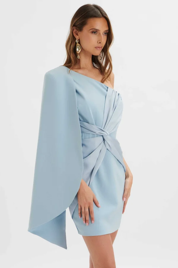 Lavish Alice Laila Twist Front One Shoulder Cape Mini Dress In Blue New