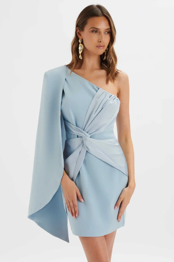 Lavish Alice Laila Twist Front One Shoulder Cape Mini Dress In Blue New