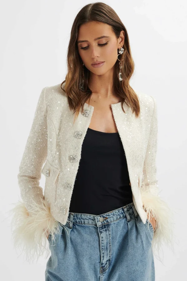 Lavish Alice Laria Sequin Boucle Cropped Jacket With Feather Cuffs In Beige Store