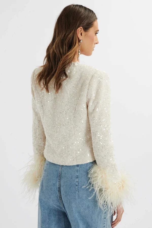 Lavish Alice Laria Sequin Boucle Cropped Jacket With Feather Cuffs In Beige Store