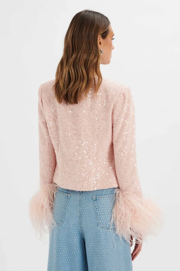 Lavish Alice Laria Sequin Boucle Jacket With Feather Cuffs In Pink Discount