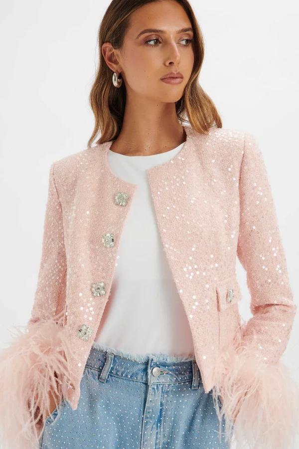 Lavish Alice Laria Sequin Boucle Jacket With Feather Cuffs In Pink Discount