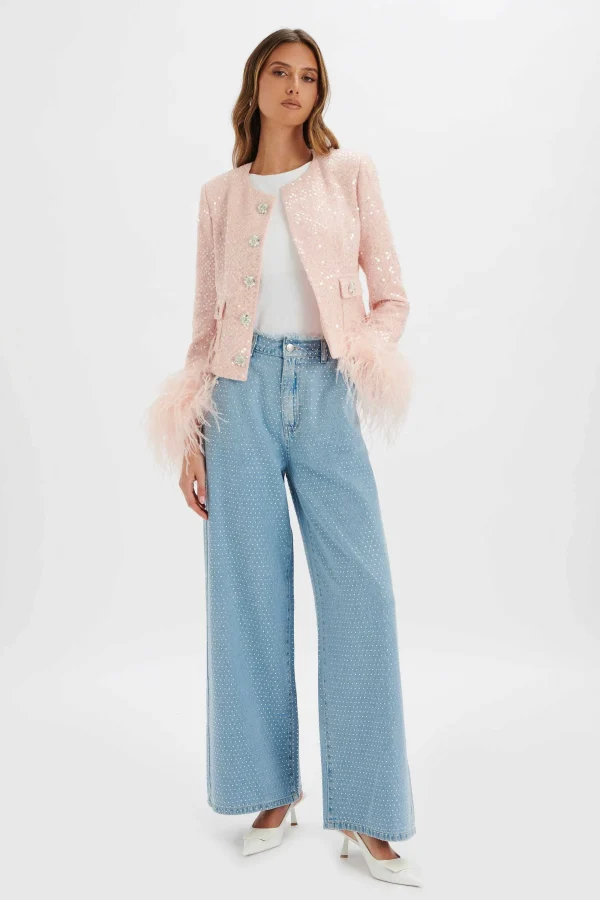 Lavish Alice Laria Sequin Boucle Jacket With Feather Cuffs In Pink Discount