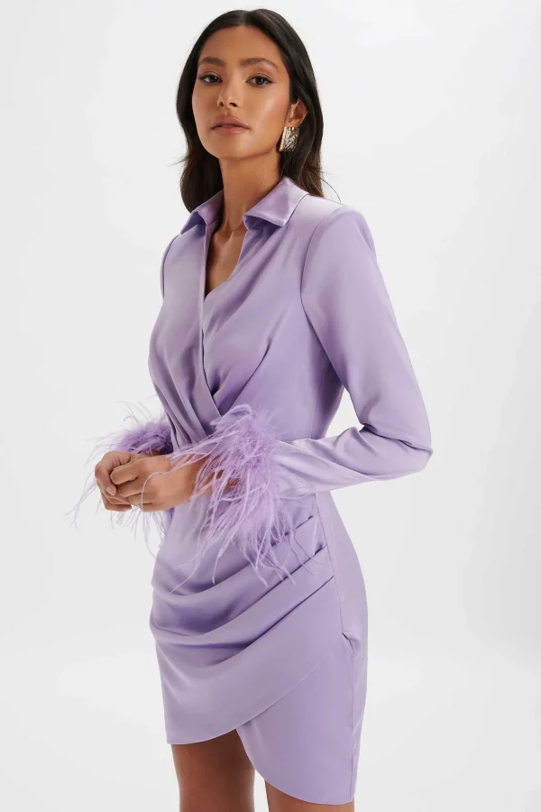 Lavish Alice Laura Satin Mini Shirt Dress With Feather Cuffs In Lavender Shop