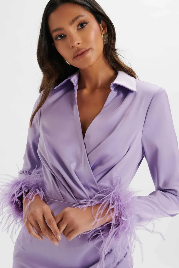 Lavish Alice Laura Satin Mini Shirt Dress With Feather Cuffs In Lavender Shop