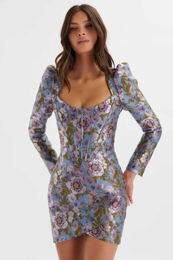 Lavish Alice Lennon Jaquard Corset Wrap Mini Dress In Blue Purple Clearance