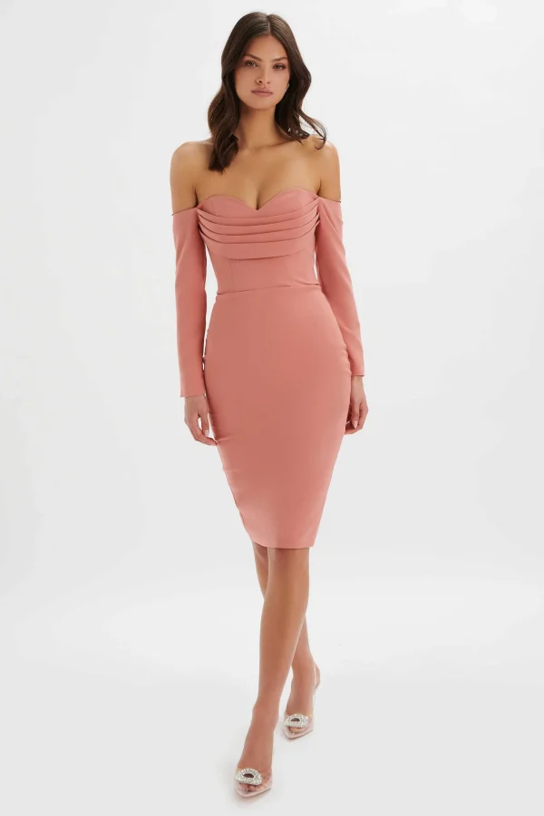 Lavish Alice Lila Bardot Draped Bust Bodycon Midi Dress In Rose Pink Sale